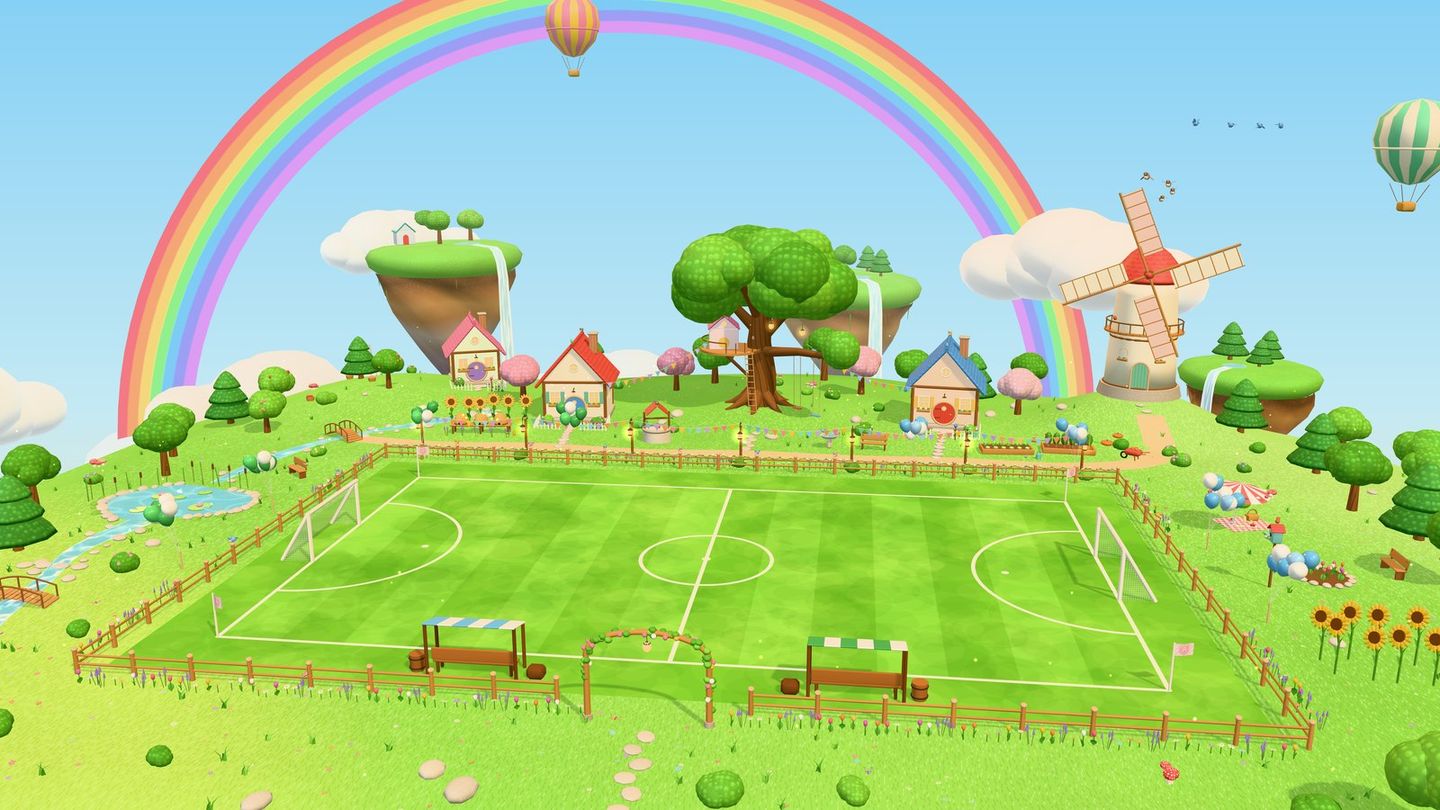 Meadow Island, a floating island of flower meadows, cottages and a windmill around a soccer field